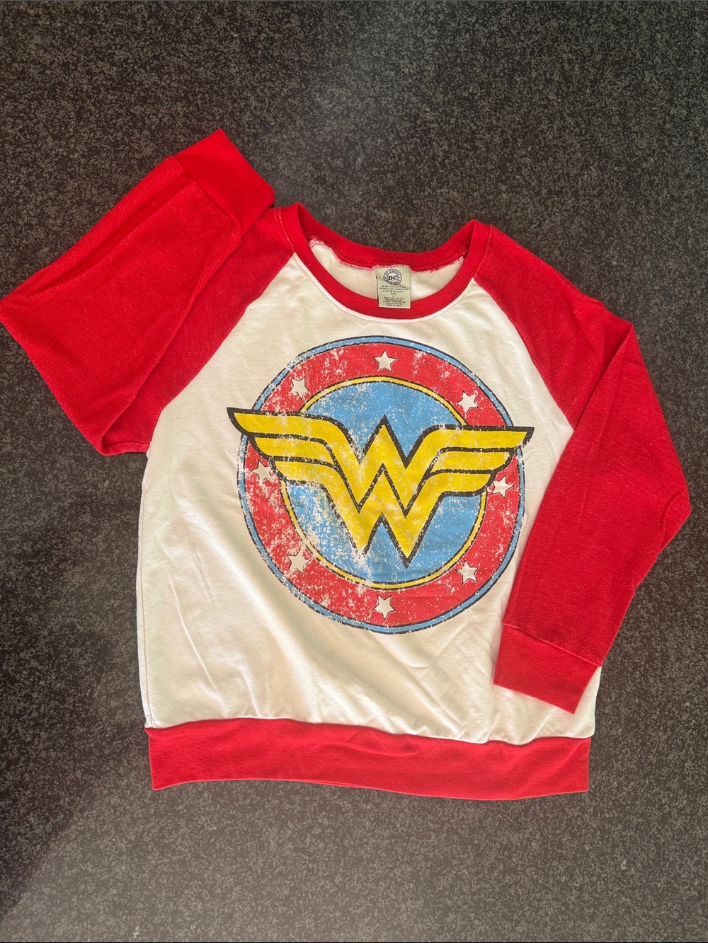 DC Comics Wonder Woman Raglan Pullover Sweatshirt in Red, White, Yellow, Blue